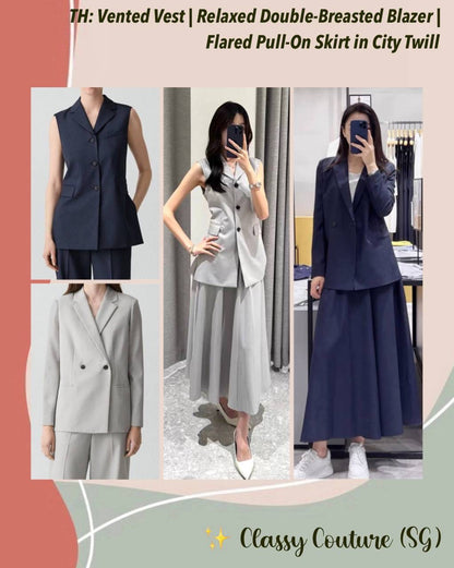 TH Vented Vest | Relaxed Double-Breasted Blazer | Flared Pull-On Skirt in City Twill