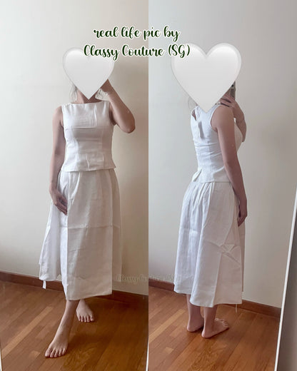 Ref Moya Two Piece in White Cotton Eyelet & Linen | Peplum Top | Midi Skirt | Set