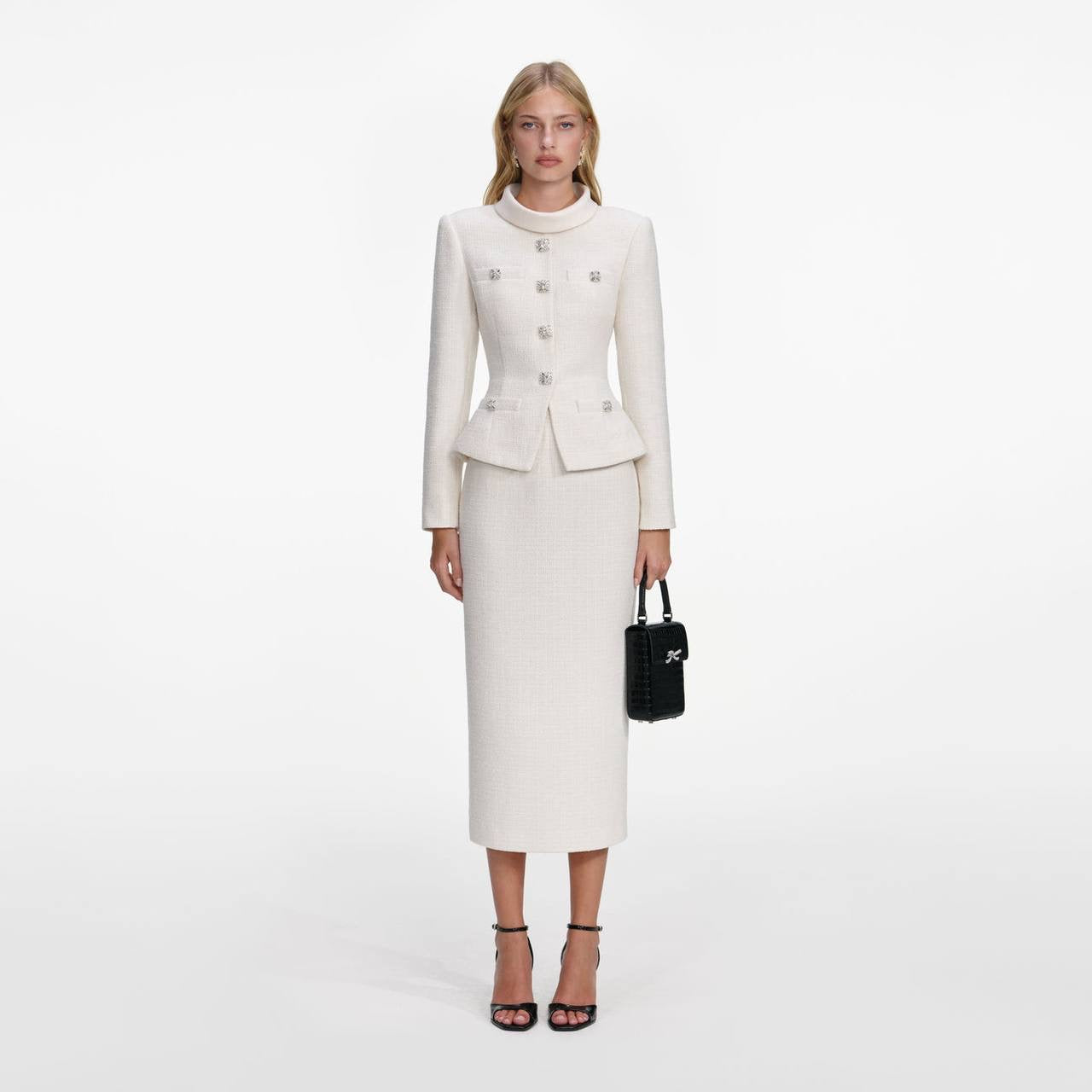 SP Cream Boucle Tailored Peplum Midi Dress