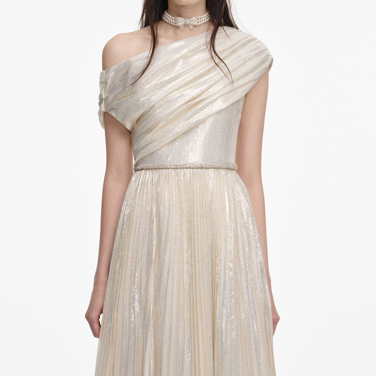 SP Champagne Metallic Chiffon One Shoulder Maxi Dress