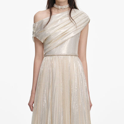 SP Champagne Metallic Chiffon One Shoulder Maxi Dress