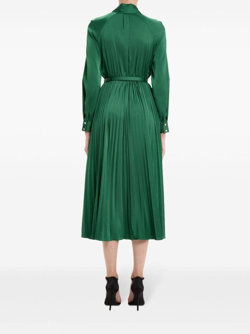 SP Green Satin Pussybow Pleated Midi Dress