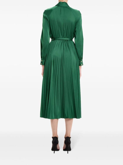 SP Green Satin Pussybow Pleated Midi Dress