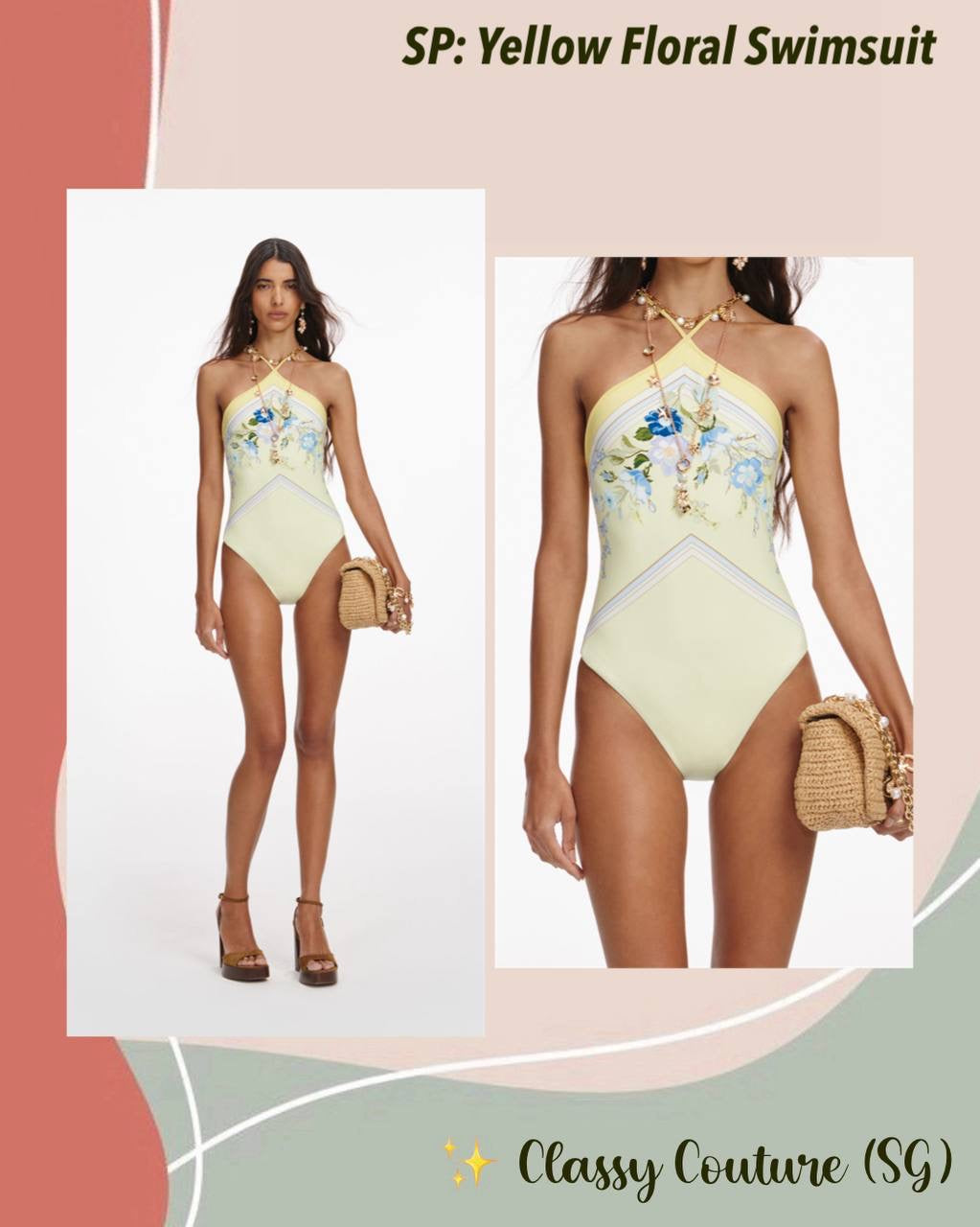 SP Yellow Floral One-Piece Halter Swimsuit