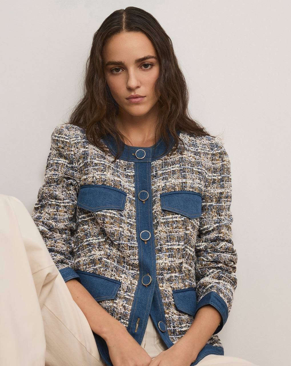 VB Ainslie Tweed Cotton-Blend Jacket w Denim Contrast Trim
