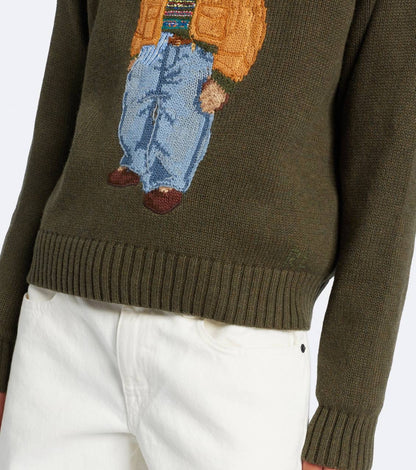 RL Sunglasses Bear Cotton Crew Neck Jumper in Olive Green