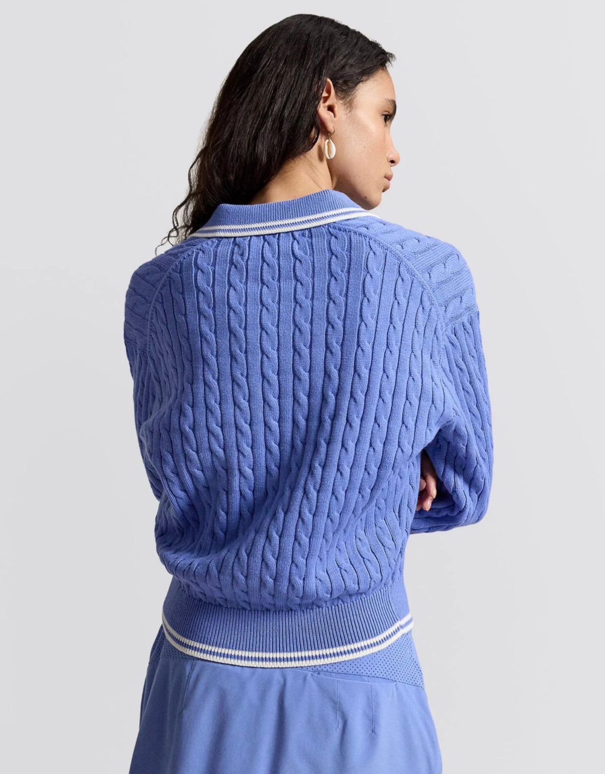 RL Long Sleeve Cotton-blend Cable Knit Polo Open Placket Contrast Sweater Jumper