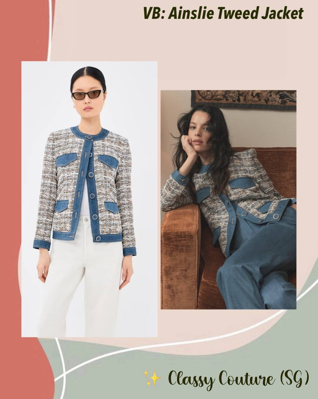VB Ainslie Tweed Cotton-Blend Jacket w Denim Contrast Trim