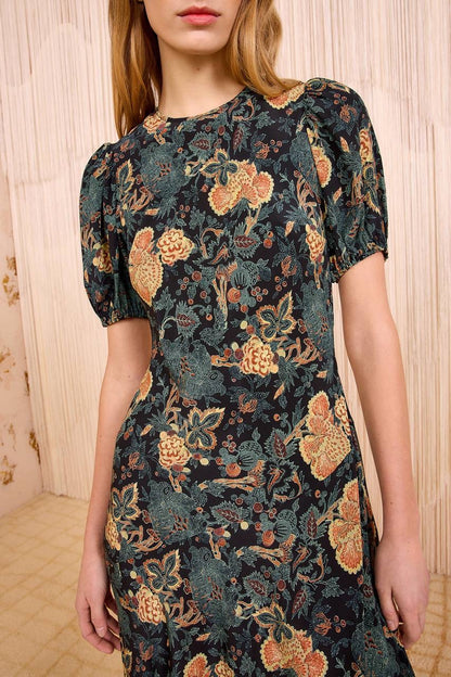 UJ Ines Puff Sleeve Silk Midi Dress