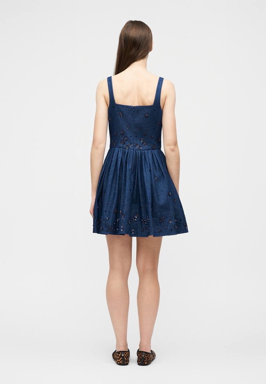 MJ Robradito Flared Embroidered Denim Mini Dress