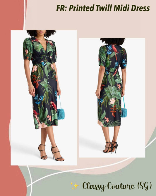 FR Leaf Green/Black Printed Viscose Twill Midi Dress