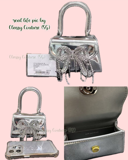 SP Bow Micro Metallic Leather Top Handle Bag with Detachable Strap