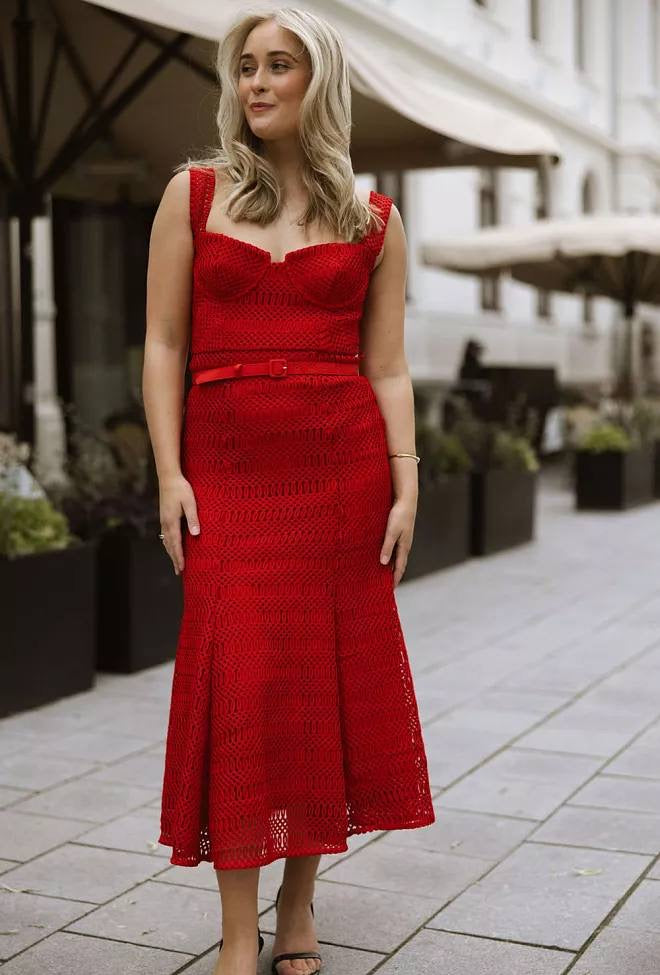 SP Red Lattice Bustier Lace Midi Dress