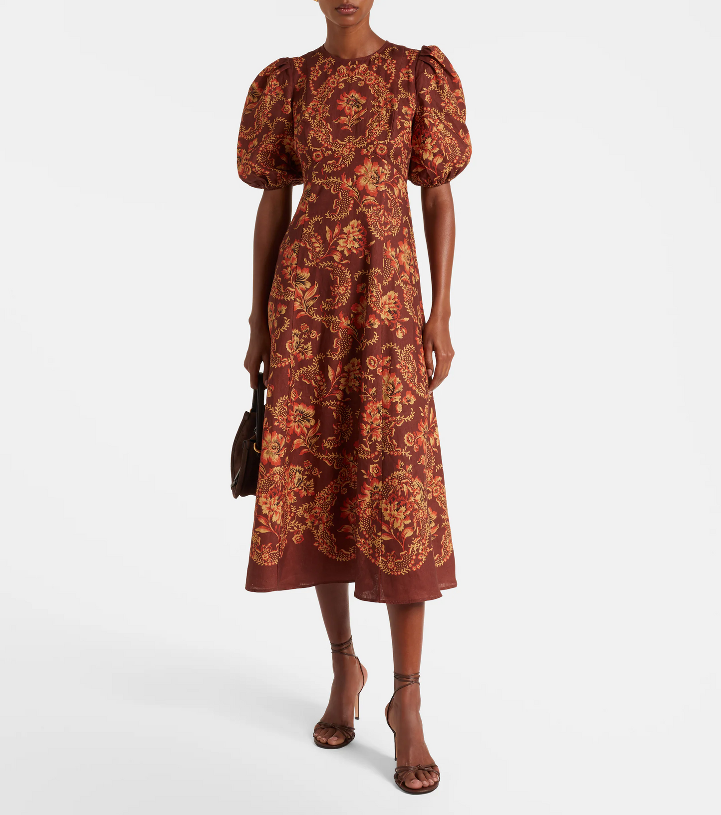 ALM Seraphina Printed Puff Sleeve Linen Midi Dress