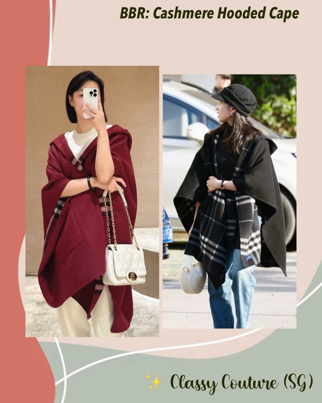 4 Colors! BBR Cashmere Reversible Hooded Cape