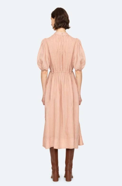 SE Anise S/S Short-Sleeved Ramie Puff Midi Dress (with detachable cotton slip)