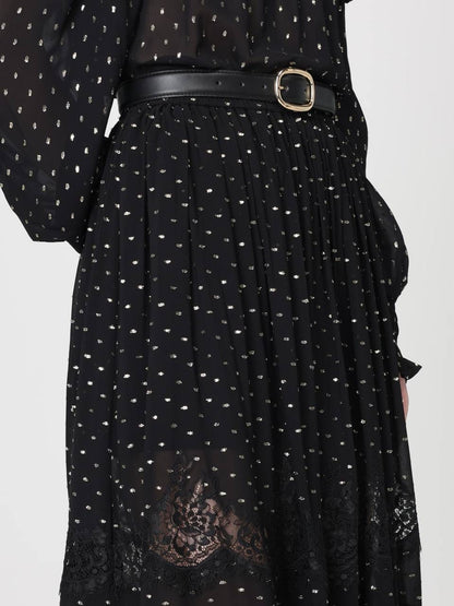 SP Black And Gold Chiffon Off Shoulder Top | Tiered Maxi Skirt | Set