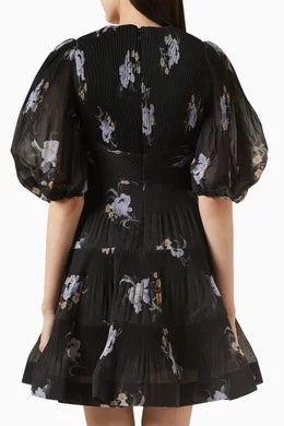 Black Iris Floral Pleated Mini | Midi Dress