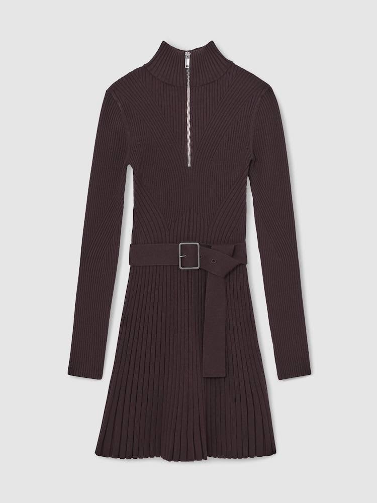 RS Vienna Rib-Knit Belted Half-Zip Flippy Dress