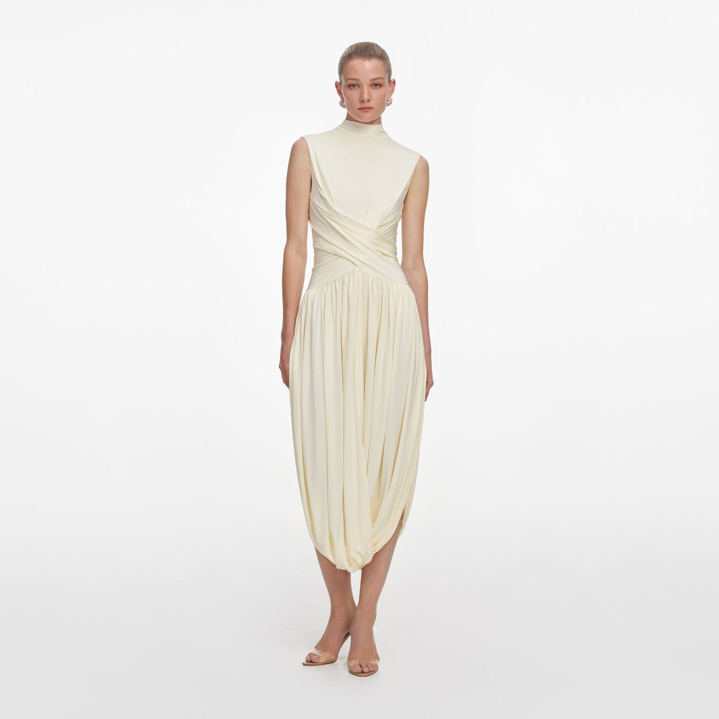 SP Yellow Sleeveless Wrap | Blue Short Sleeve Gathered Viscose-blend Jersey Midi Dress
