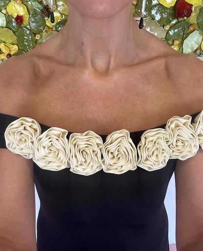ML Gabrielle Off-Shoulder Top | Gabby 3D Rose Appliqué Maxi Dress