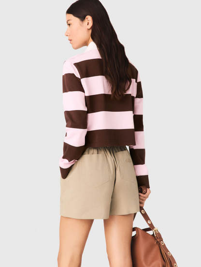 MJ Tipolay Pink/Brown Striped Polo Cotton Cropped Sweatshirt Top | Ipiuma Belted Cotton-blend Camel Shorts | Set