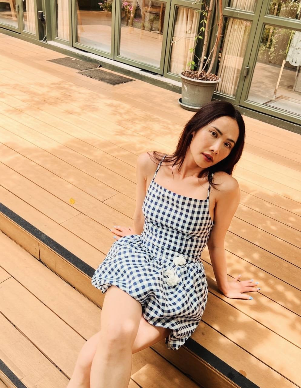 SP Navy Taffeta Gingham Bubble Mini Dress