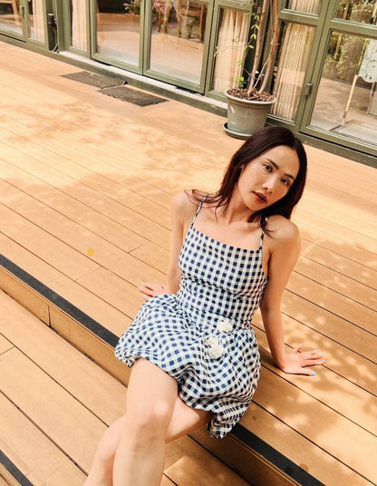 SP Navy Taffeta Gingham Bubble Mini Dress