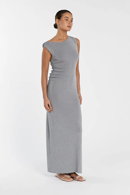 DSH Poppy Asym Midi Maxi Dress Viscose-Nylon Knit in Bitter Choc & Marle Grey