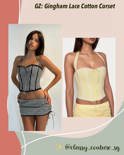 GZ Gingham Lace Corset Cotton Halter Top