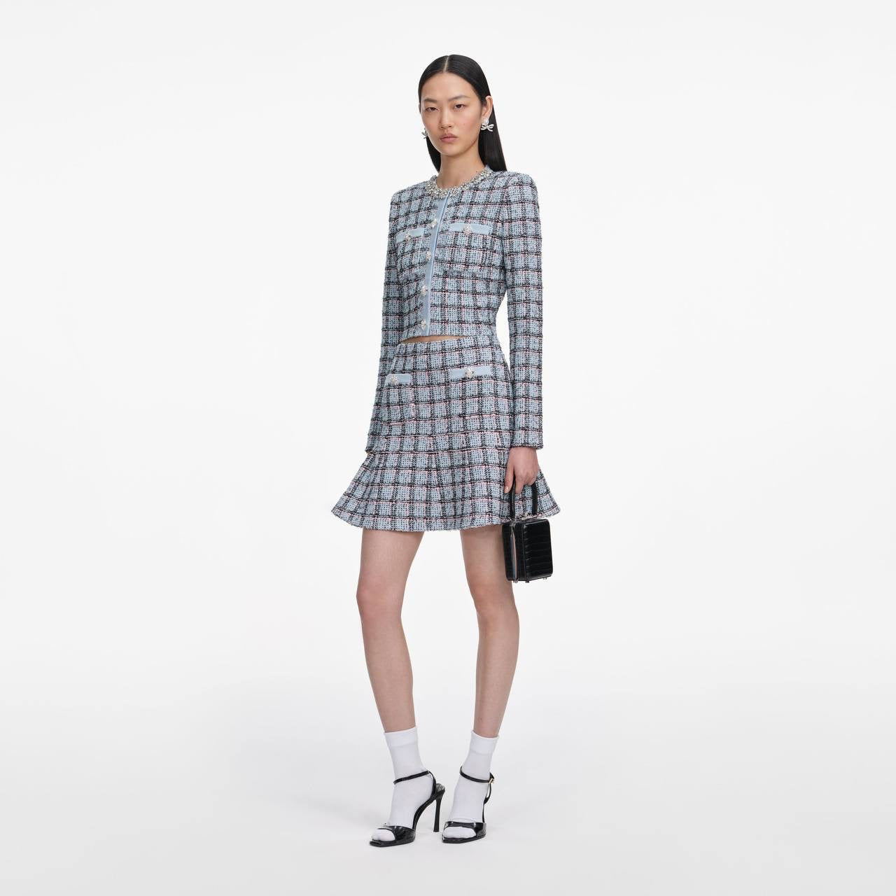 SP Blue Check Knit Cropped Cardigan | Mini Skirt | Set