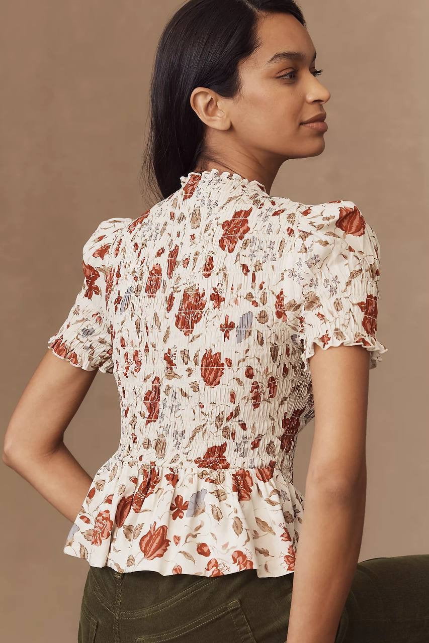 Ref Aggie Puff-Sleeve Smocked Peplum Top