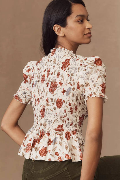 Ref Aggie Puff-Sleeve Smocked Peplum Top