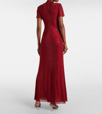 SP Red Rhinestone Mesh Maxi Dress