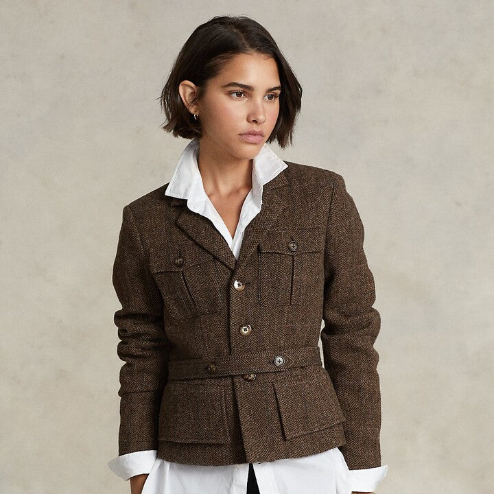 RL Belted Wool Tweed Utility Jacket in Green