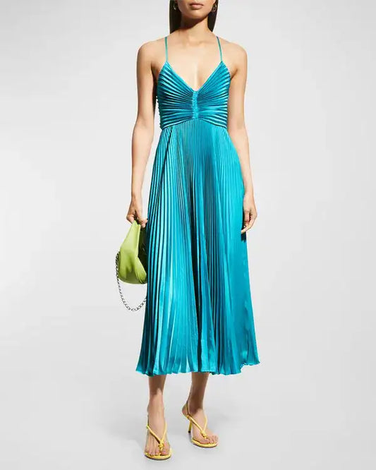 Gemini Pleated Tie-Back Cutout Midi Dress