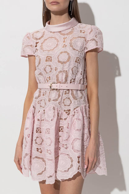 SP Pink Floral Lace Belted Mini Dress