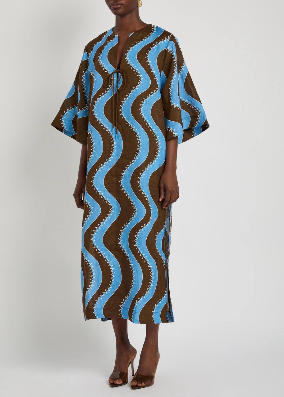 ALM019 Bold Brown/Blue Wave Stitch Tunic Shift Linen Midi Dress