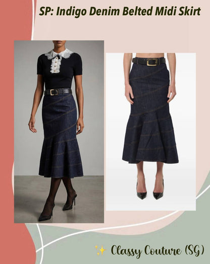SP Indigo Denim Belted Midi Skirt
