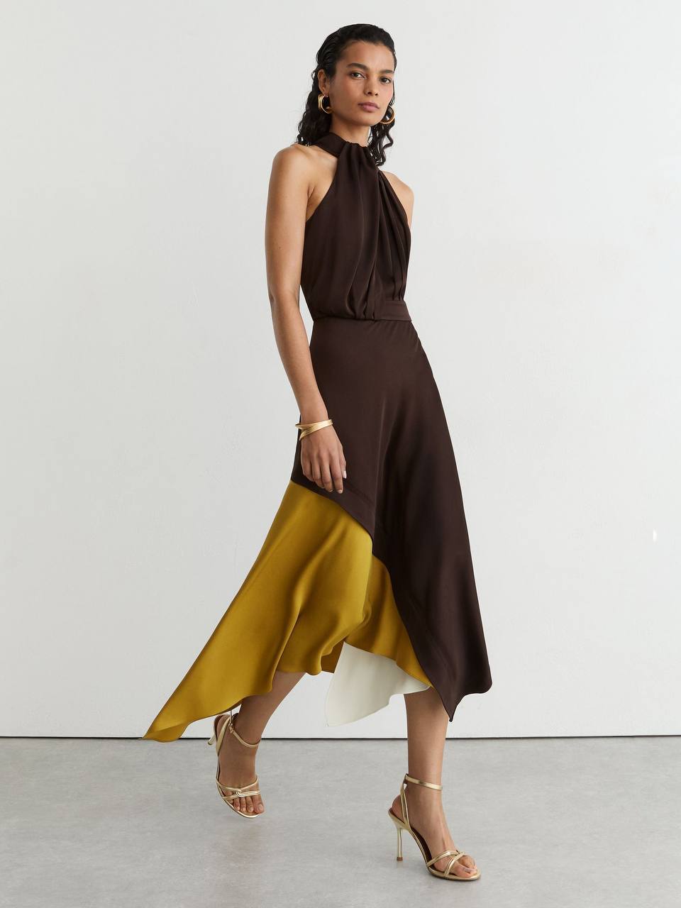 RS Bianca Colour-Block Layered Midi Dress in Brown/Yellow/Cream