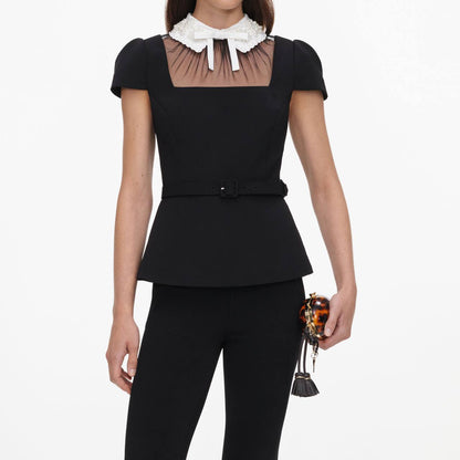 SP Black Crepe Bow Collar Midi Dress | Peplum Top