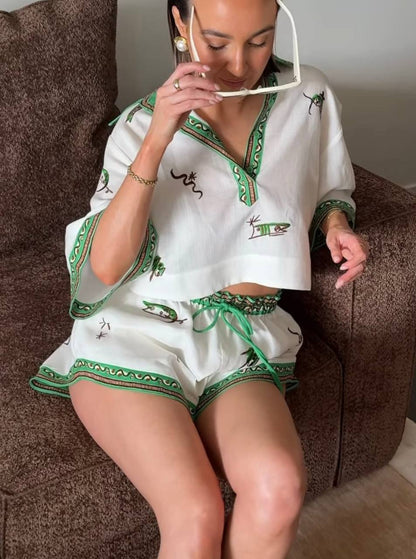 ALM001 Green/White Abstract Embroidered Fish Contrast Linen Crop Shirt | Shorts | Set