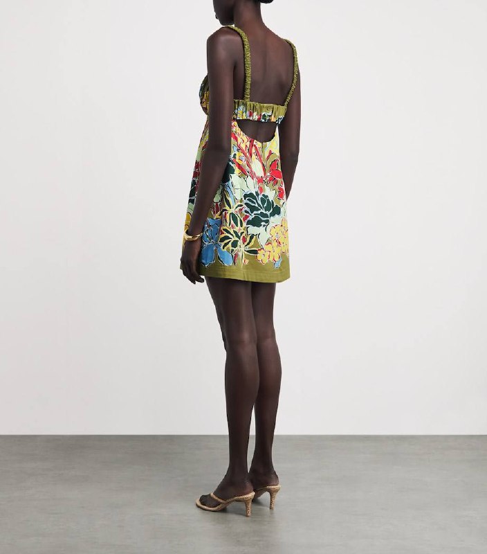 ALM003 Ruched Cotton Bustier Rainbow Floral Mini Dress