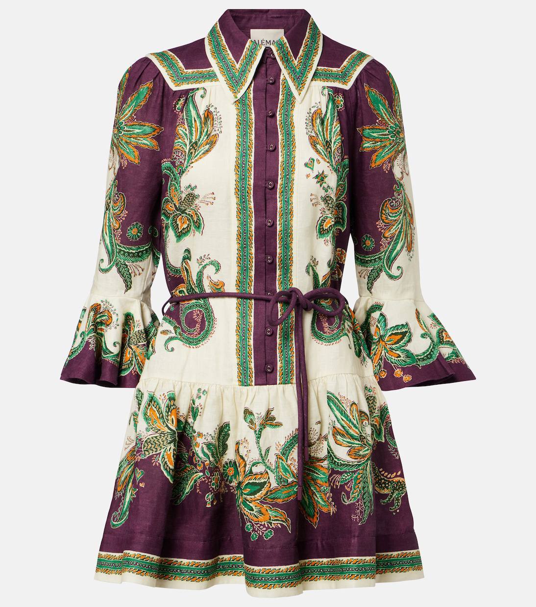 ALM002 Plum/Green Paisley Linen Shirtdress Mini Dress | Midi Dress