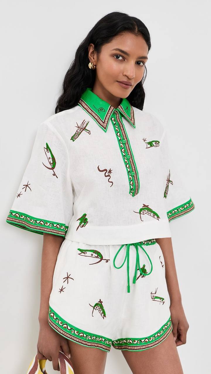 ALM001 Green/White Abstract Embroidered Fish Contrast Linen Crop Shirt | Shorts | Set