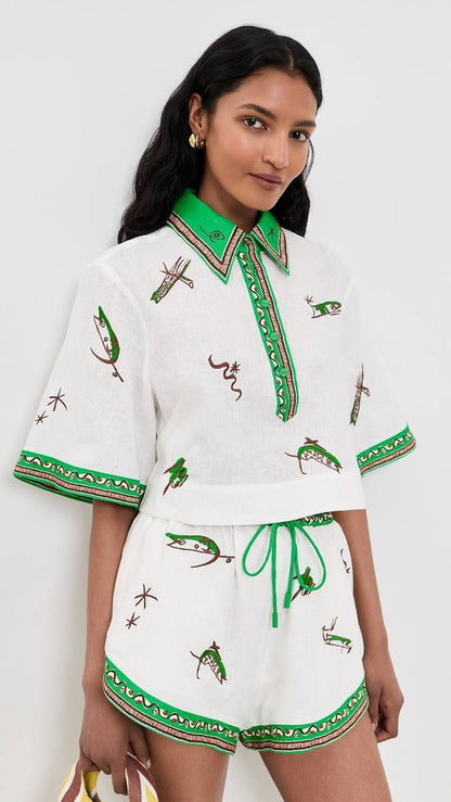 ALM001 Green/White Abstract Embroidered Fish Contrast Linen Crop Shirt | Shorts | Set