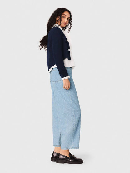 Jewelled Bow-Button Wool Cardigan in Cream & Navy