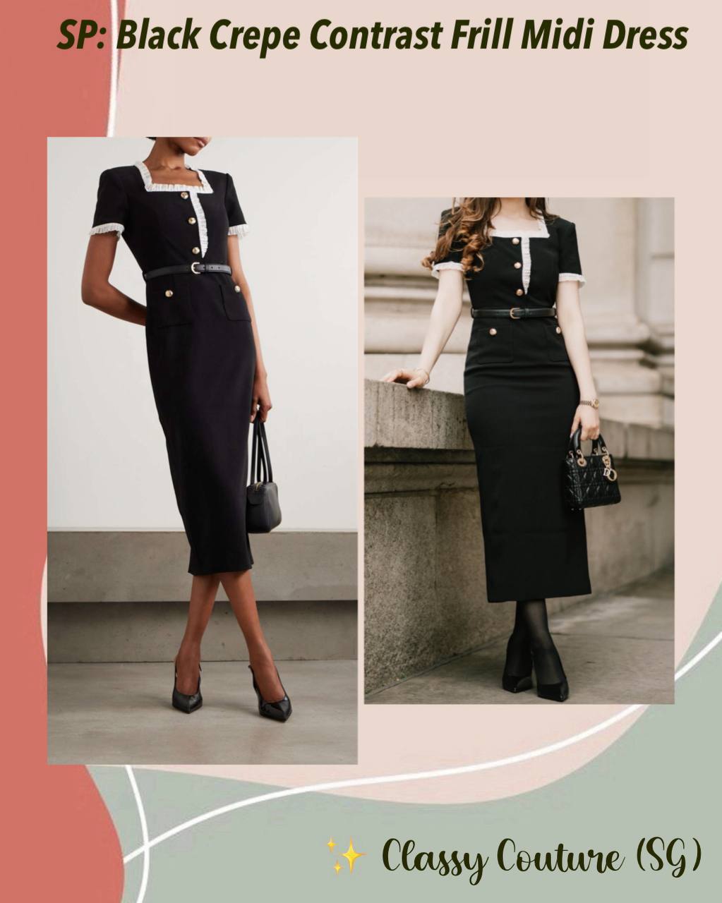 SP Black Crepe Contrast Frill Midi Dress