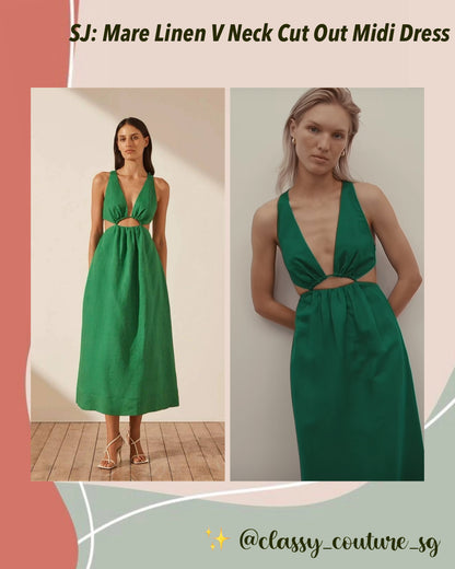 SJ Mare Linen V Neck Cut Out Midi Dress in Tree Green