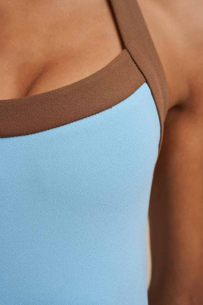 BJ Colette Halter Contrast Mini Dress in Brown/Blue